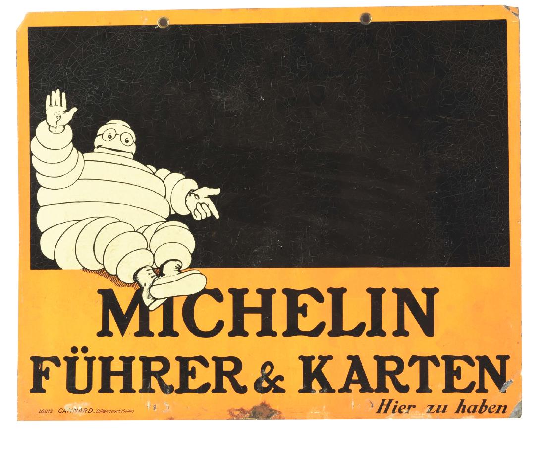 Michelin Tires Tin Chalkboard Service Station Sign.: DST. A great piece of advertising from Michelin Tires. Sign shows an excellent Bibendum graphic on both sides, and shows great color and gloss throughout. Both sides show some light wear and surface s