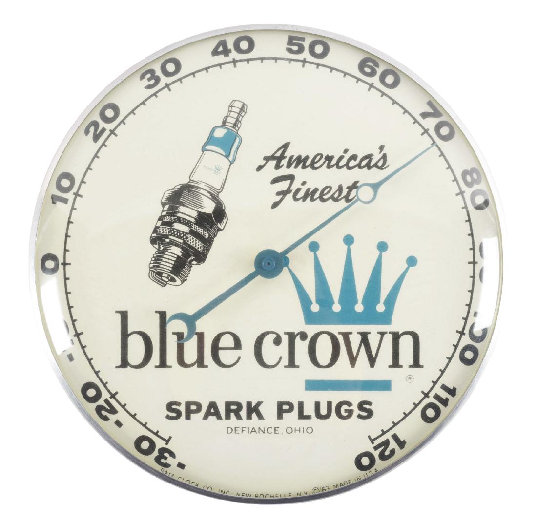 Blue Crown Spark Plugs Glass Face Thermometer.: An excellent example of this glass face thermometer from Blue Crown Spark Plugs. The metal advertising face is in excellent condition as is the glass face. The metal body shows only a light amount of