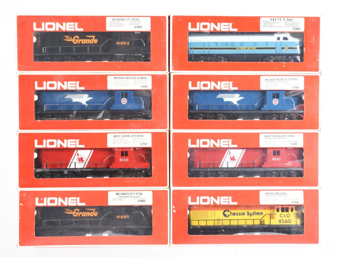 Lot Of 8: Lionel Diesels In Boxes.: Lot consists of: No. 8565 Mopac GP20, No. 8454 Rio Grande GP7, No. 8562 Mopac GP20 - powered unit, No. 8560 Chessie U36B Diesel Locomotive - non powered, No. 8363 B&PO F3 A Unit - powered, No. 8455 Ri