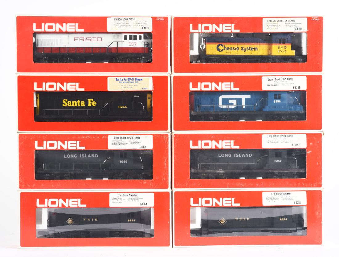 Lot Of 8: Lionel Diesels.: Lot consists of: No. 8571 Frisco U36B Diesel, No. 8367 Long Island Railroad GP20 Diesel - non powered, No. 8356 Grand Truck GP7 Diesel - non powered, No. 8255 Santa Fe GP9 Diesel - non powered, two No