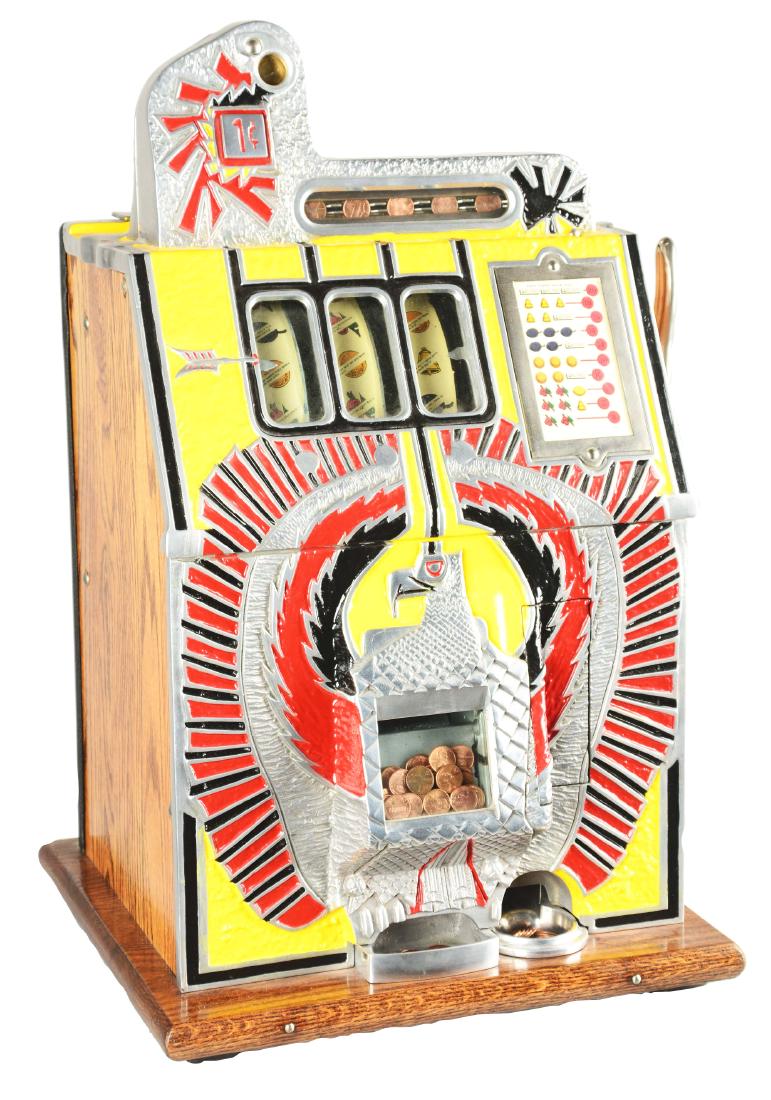 **1¢ Mills Novelty Co. War Eagle Slot Machine.: This slot machine has been very nicely restored. The War Eagle of Mills Novelty Co. was manufactured in 1931 and is also known as the Silent Eagle. It was given the title Silent because of the how muc