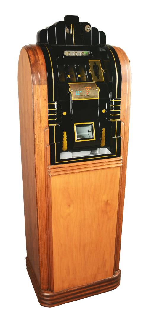 **50¢ Mills Novelty Co. Extraordinary Golden Mystery: A floor model slot machine with wooden console, also known as the Worlds Fair Century, manufactured by Mills Novelty Co. in 1933. The slot machine is housed in oak and has a front aluminum casting wit