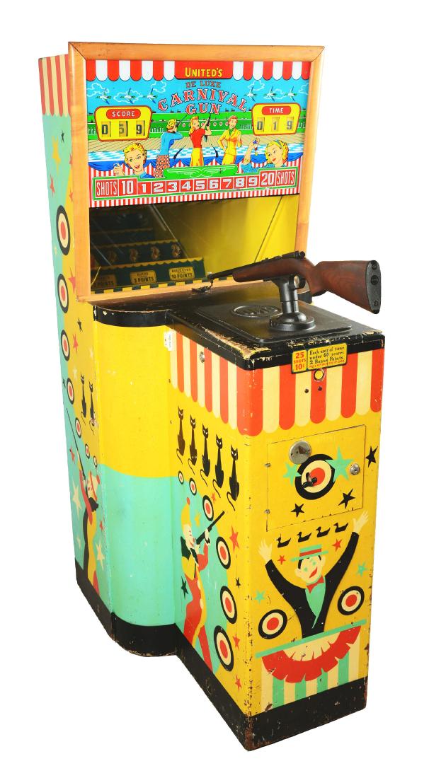 10¢ United's De Luxe Carnival Gun Arcade Game.: After inserting a dime, player receives 25 shots and can win up to 60 points. There are 4 different targets; squirrels, rabbits, ducks, and bullseyes with points ranging from 1 to 10. Perfect game for