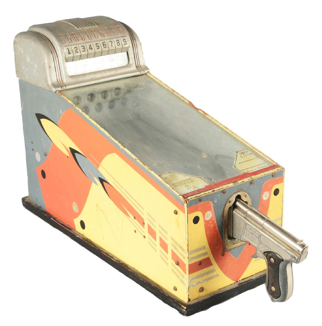1¢ A.B.T. Mfg Co. The Challenger Arcade Shooter.: A fun tabletop arcade game, manufactured by A.B.T. Mfg. Co. in 1925. Other production years include 1931 to 1939 then again in 1946. Complete with cast aluminum pistol attachment and cast aluminum top