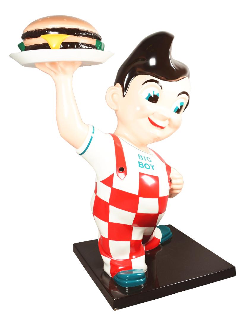 Life-Size Big Boy Fiberglass Statue.: A large life-size restaurant display from the restaurant chain, Big Boy. Constructed of fiberglass, freshly painted in vibrant colors and is showing minor to moderate wear. Big boy has a big smile on