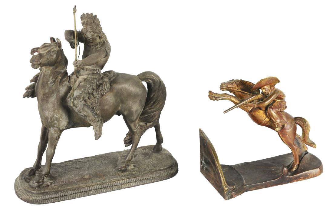 Lot Of 2: Western Tabletop Statues.: This lot of two consists of 1- cast spelter figure of a Native American male, aiming his bow and arrow whilst riding on a horse. 8-1/2"T x 8"W x 3-1/2"D.; 1- bronze bookend figure of a cowboy riding o