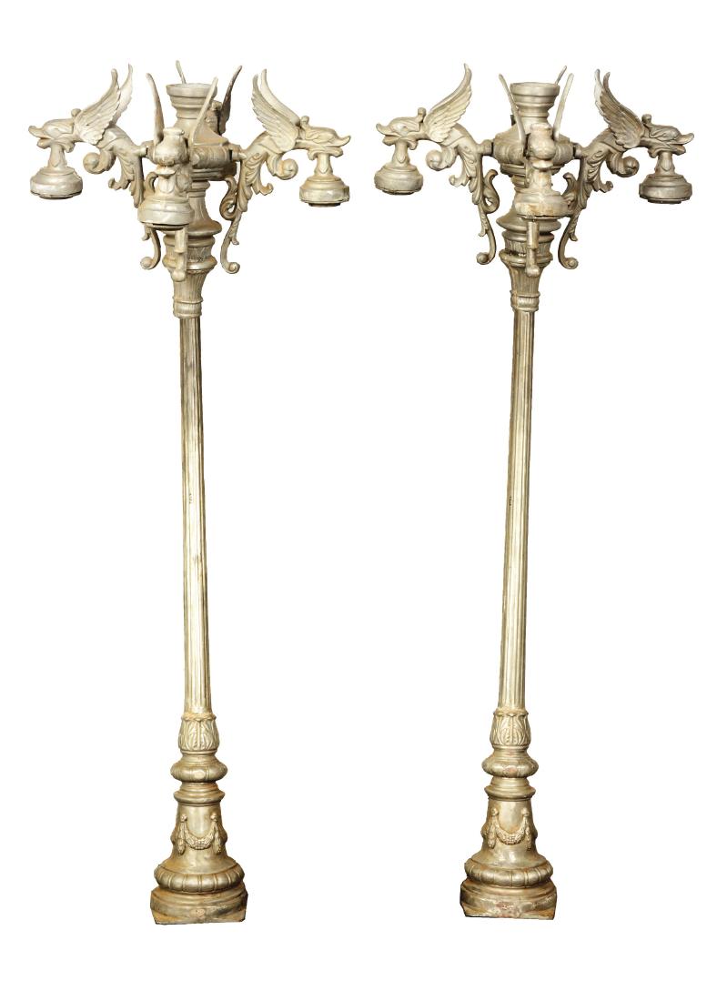Pair Of Winged Gargoyle Lamp Posts With Finials.