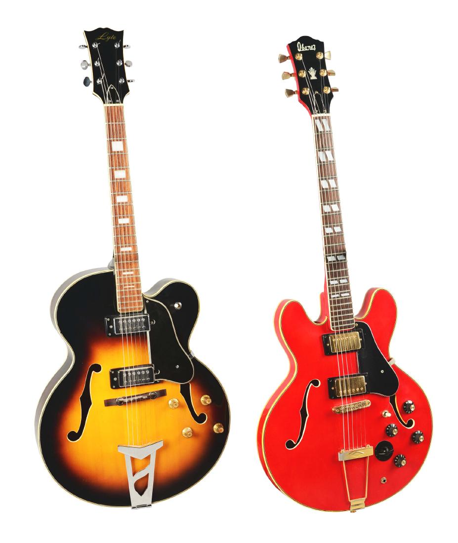 Lot Of 2: Hollow Body Electric Guitars.: This lot of two includes 1- hollow-body electric guitar with f-holes, sunburst finish, cream trim and chrome hardware. It was manufactured by Lyle but has no serial number. There is moderate wear and 