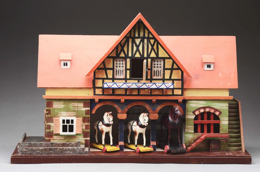 Lot Of 4: Wooden Stable With Three Pull Toy Horses. (1 of 4)