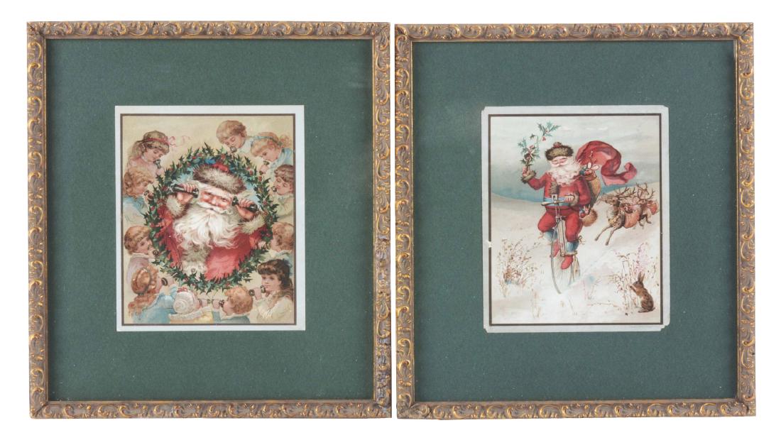 Lot Of 2: Framed Hill's Bros' Fine Coffee Christmas: The two cards are imagery by Thomas Nast. One card depicts Santa Claus on the telephone with children surrounded by a wreath, in excellent condition. The other card is Santa riding a high wheel bicycl