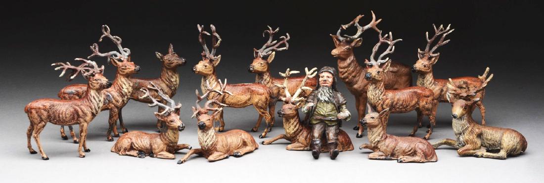 Lot Of 14: Metal Figures of Gnome/Santa & 13 Metal: Great lot for an instant collection of popular reindeer and a rare metal dwarf character. Reindeer are marked "Germany".Condition: Dimensions: Largest: 4" x 4 - 1/2".