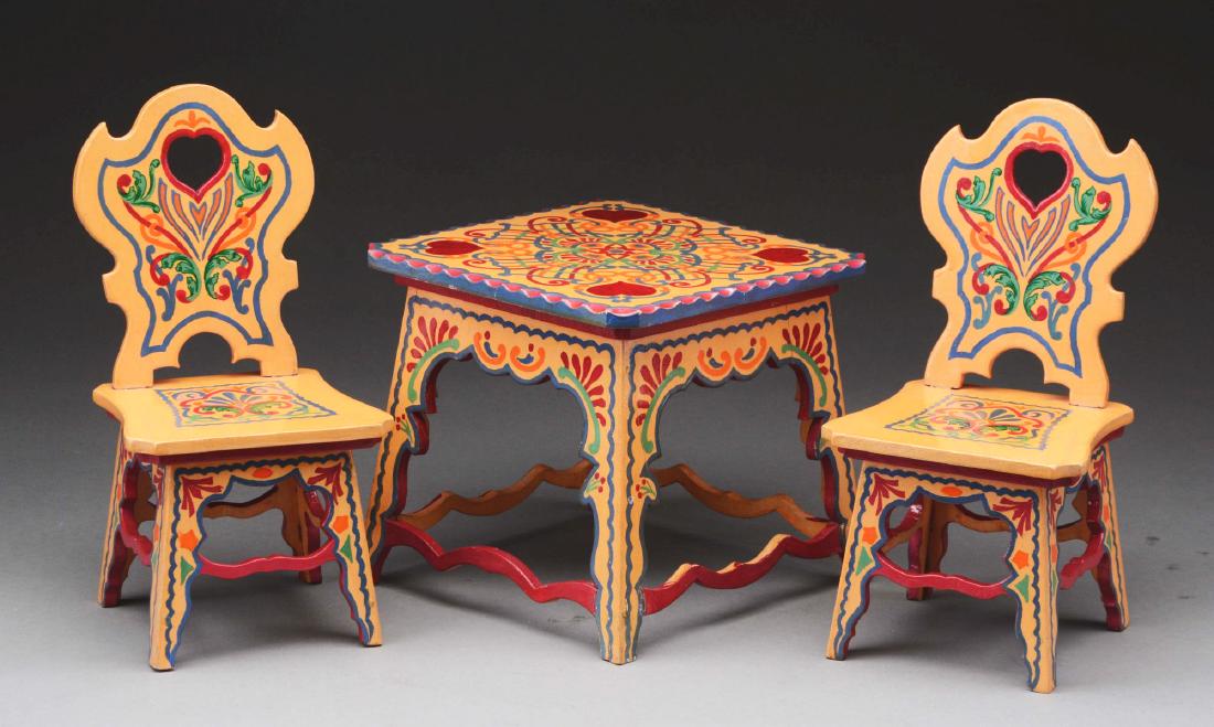 Lot of 3: German Wood Doll Table & Chairs. (1 of 2)