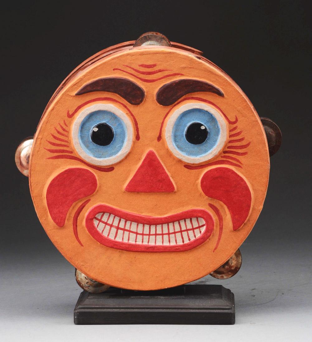 Halloween Tambourine Decoration By Artist Jack Roads.: Jack often takes found objects and transforms them with his talent. He has made a stand for displaying his object. Very well done, signed by the artist on the back, "2000". An excellent Halloween piec