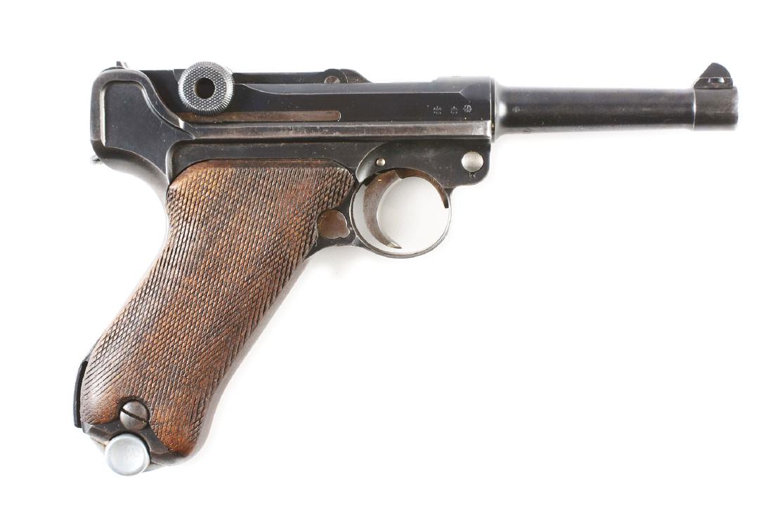 (C) Mauser Luger Semi-Automatic Pistol (1936).: Manufactured for the German military by Mauser. This is a 1936 chamber date code S/42. Features include; round barrel with dovetailed inverted V front sight, V notch rear sight on rear link, thumb saf