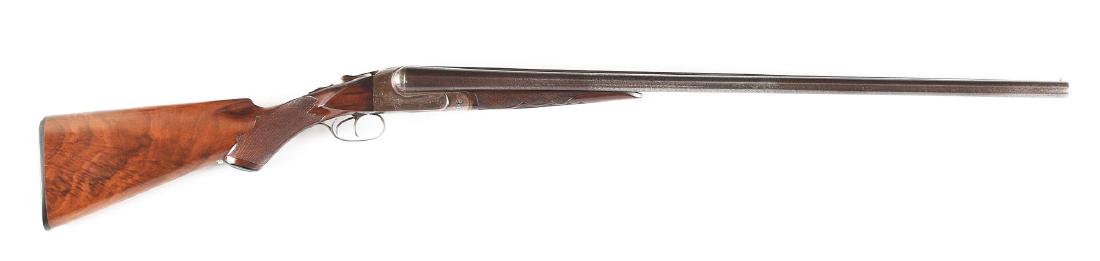 (C) Ithaca Crass Model Grade 3 SxS Shotgun: 30" Chain Damascus barrels with matted rib are not maker marked. Boxlock type action is of later style, with reinforcement on sides and slightly radiused break off. Action is engraved with 70% coverag