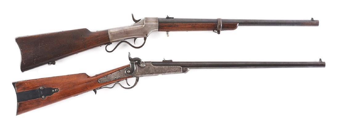 (A) Lot of Two: Civil War Breech Loading Cavalry: (A) Is a standard model percussion Gallager carbine. This gun has an assembly number of "187" stamped on the lock plate (in addition to the serial number), inside the patchbox, and on the hammer. Thes