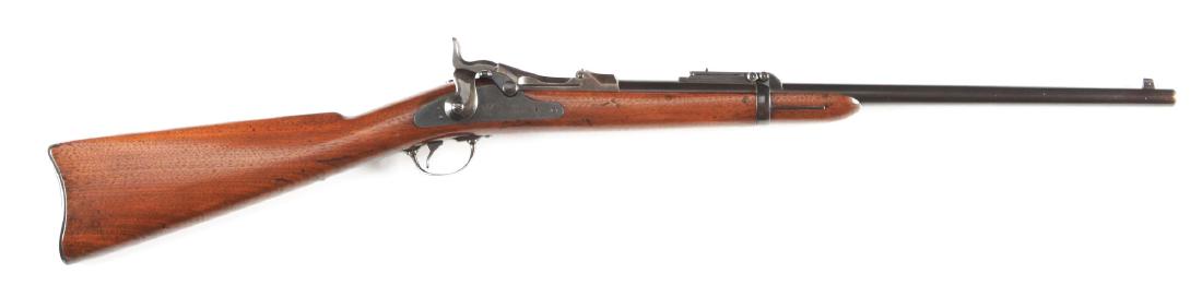 (A) Springfield Model 1884 Saddle Ring Carbine.: Standard features include full round barrel, 1884 Buffington rear sight, sight protector rear barrel band, serrated checkered trigger, walnut stock is a field replacement with no cartouches, saddle ri