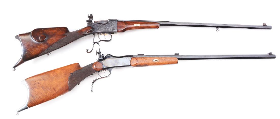 (A) Lot of 2: German Single Shot Scheutzen Rifles.: Gun (A) features full octagon barrel with rib, sling swivels, long range peep sight and a post front sight, engraved frame, double set triggers, fancy trigger guard, walnut forend with wedge release, 