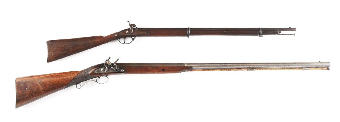 (A) Lot of 2: English Flintlock Fowler and Child's: Comprising: A) 10 bore English fowler with a two stage swamped barrel and silver front sight. Barrel is stamped with London gum maker's proof on left side just forward the patent hooked breech. Below 