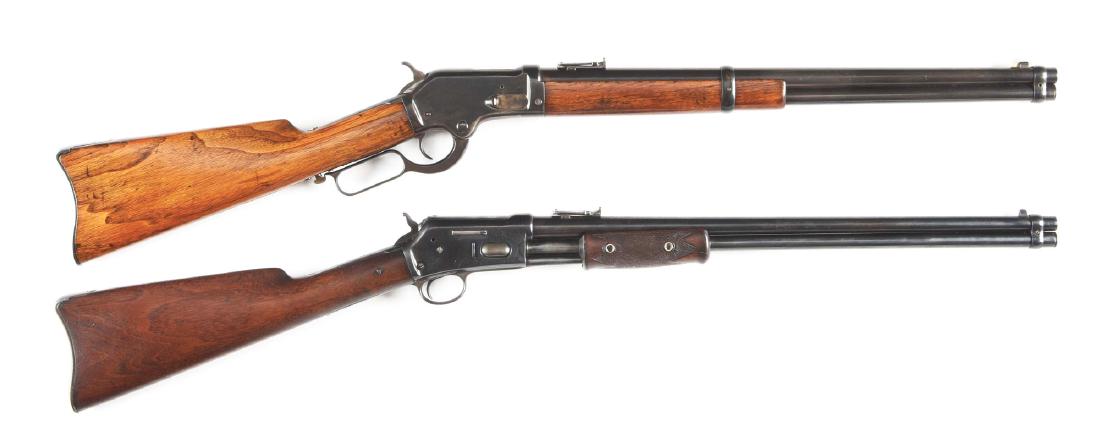 (A) Lot of 2: Colt Lightning .44 Carbine & Colt Burgess: Gun (A) is a Colt Burgess lever action carbine. Total production from 1883 to 1885 was a mere 1,621. Features full round barrel, full magazine, replaced German silver front sight, folding ladder rear 