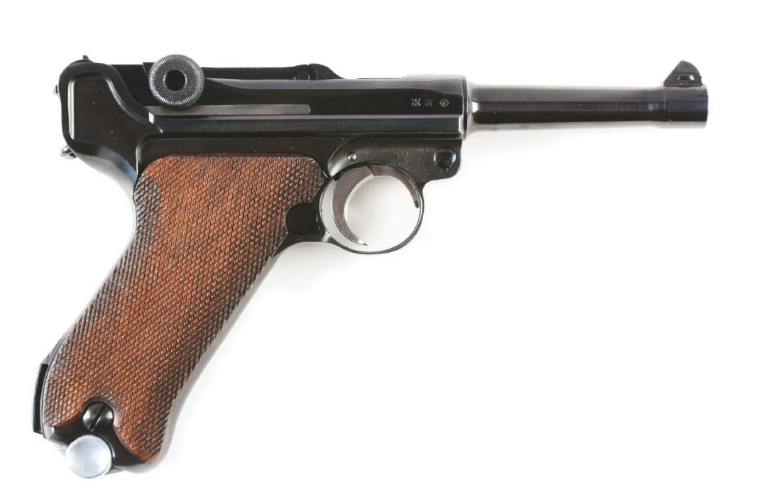 (C) Mauser S/42 Code 1939 Dated Luger Semi-Automatic: Features include; round barrel with dovetailed inverted V front sight, V notch rear sight on rear link, thumb safety marked "GESICHERT" in the upper position, extractor marked "GELADN", center toggle 