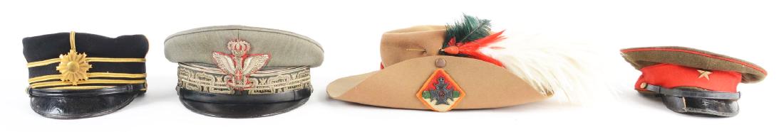 Lot Of 4: Italian General's, Japanese & Rhodesian Caps.: Lot consists of: A) World War II Italian Lieutenant General's visor cap, displaying ornate silver bullion embroidery on the band and silver bullion eagle on the peak. Silk lining is marked by the make