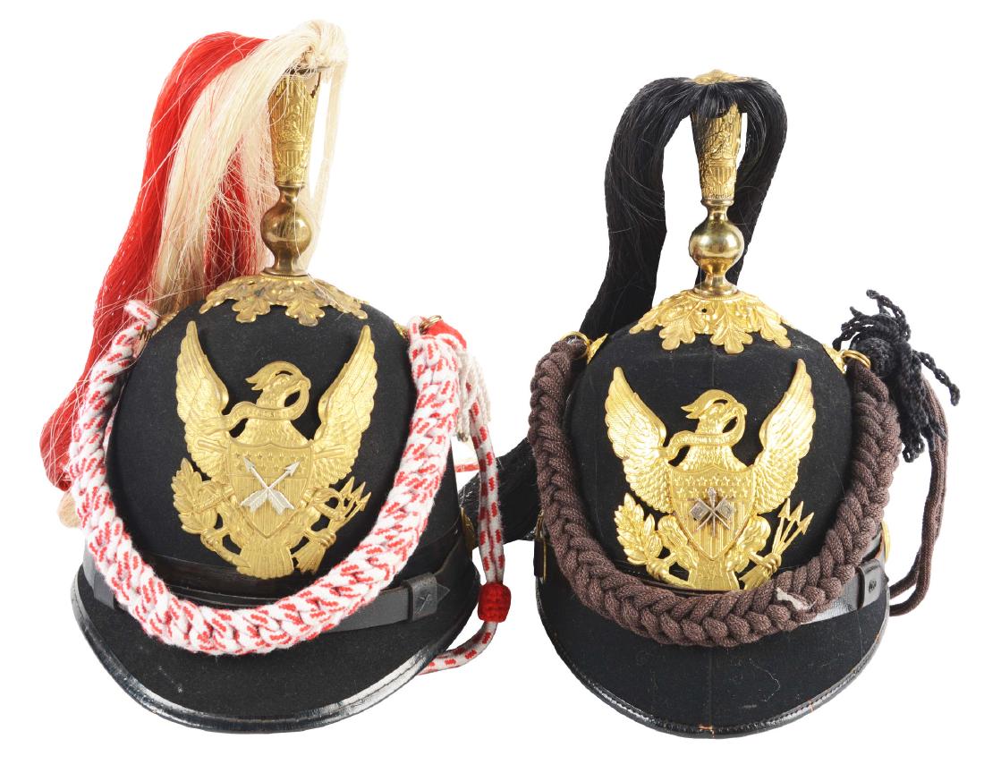 Lot Of 2: U.S. Model 1881 Indian Scout & Signal Corps: Lot contains: A) Pressed black fur felt body with a polished black leather band around the lower edge of the helmet. Brass Indian Scout crossed arrows side buttons, plume holder, and cavalry eagle fro