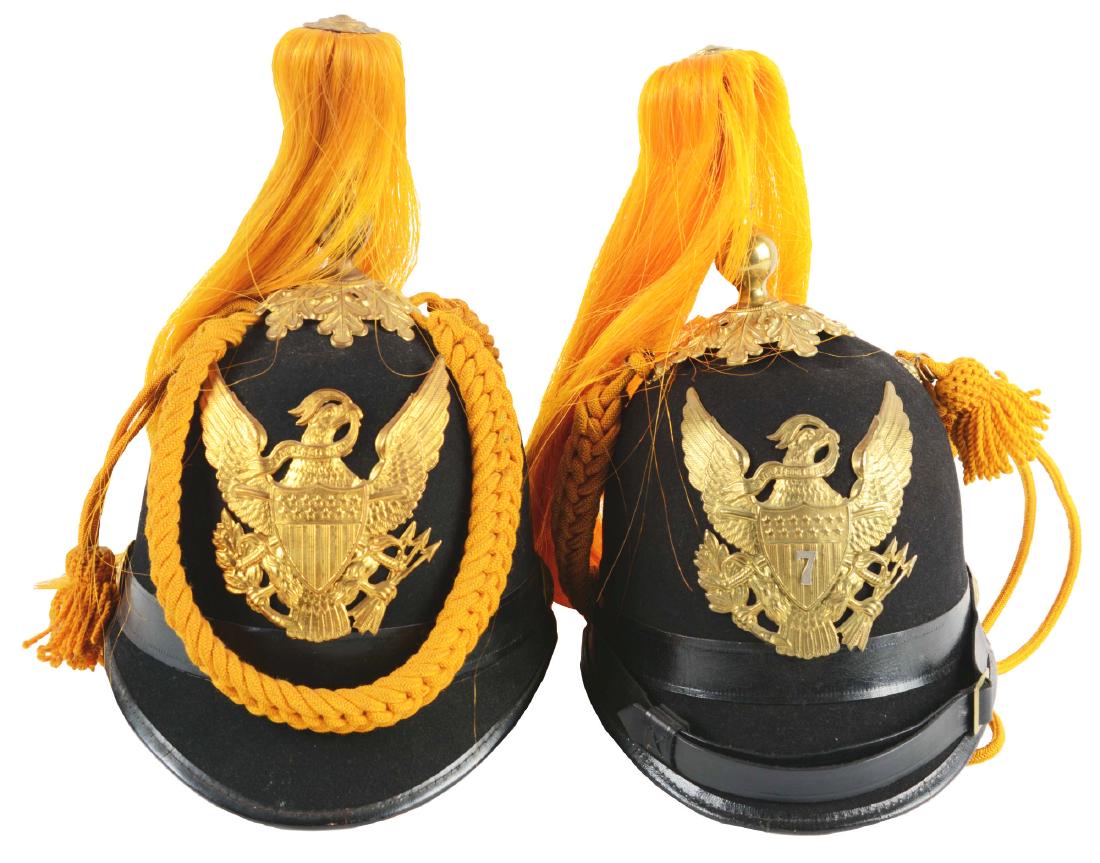 Lot Of 2: U.S. Army Model 1881 Enlisted Cavalry: Lot contains: A) Pressed black fur felt body with a polished black leather band around the lower edge of the helmet. Brass cavalry side buttons, plume holder, and cavalry eagle front plate. Yellow hor