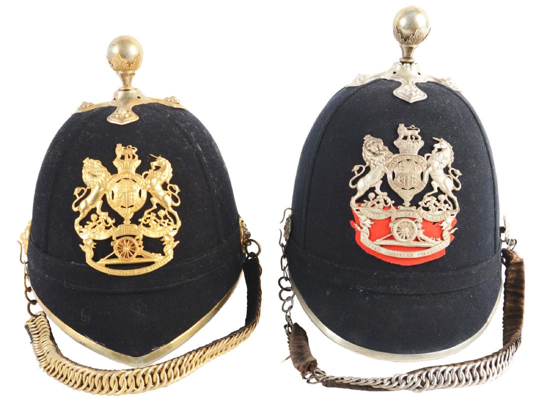 Lot Of 2: British Royal Artillery & London Artillery: Lot contains: A) Royal Artillery Home Service Pattern Blue Cloth Helmet with gilt King's crown general service helmet plate, gilt ball quadrant and chin chain with rose side ornaments. Green cloth and