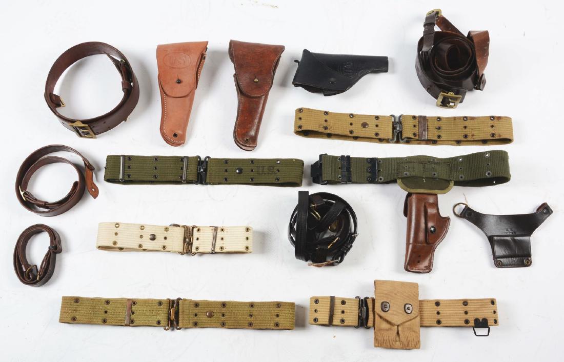 Lot Of 13: WWI & WWII U.S. Military Belts & Holsters.: Lot contains: (A) Two World War II Sam Browne officer's belts. (B) U.S. Navy Officer dress sword belt and hangers made and marked by Hilborn Hamburger. (C) White parade web cartridge belt. (D) Three W