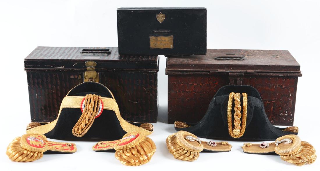 Lot of 3: Cased British & Chilean Navy Epaulettes, Hats: Lot contains: A) British Navy Officer's Box containing bicorn (fore and aft) hat, gold bullion Captains epaulets and Rear Admiral's shoulder boards. Epaulettes mounted with anchors and crowns and mark