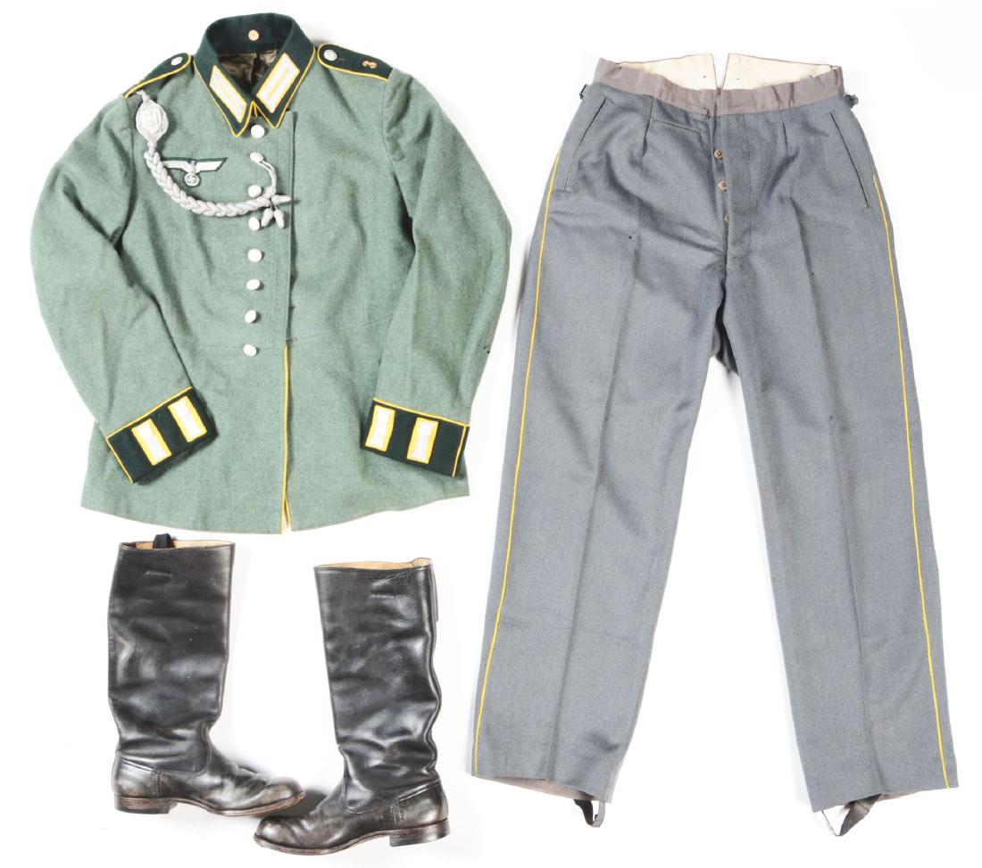 Lot of 3: German WWII Heer Signal Enlisted Dress Tunic,: Lot contains: (A) Heer Enlisted Signal Waffenrock tunic, (B) Pair of matching Signal trousers, and (D) Pair of Boots. (A) Prewar Funker (private) dress tunic in overall near mint condition. These Waff