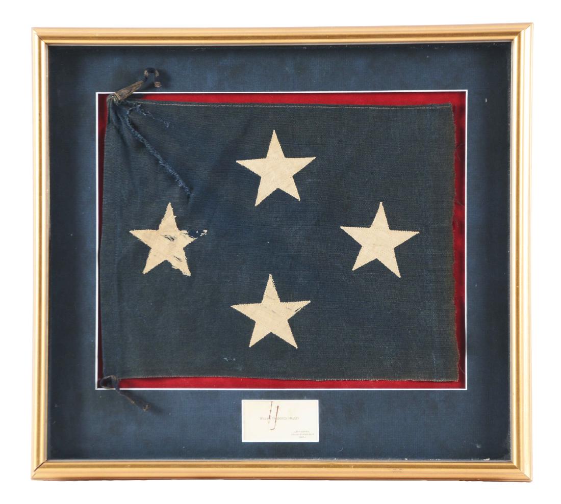 WWII Admiral's Flag Used By Admiral William Halsey.: Framed wool bunting flag measuring 11" by 14", with applied cotton stars and a pair of cotton ties at the heading. Framed with the flag is a calling card which reads "William Frederick Halsey/ Fleet A