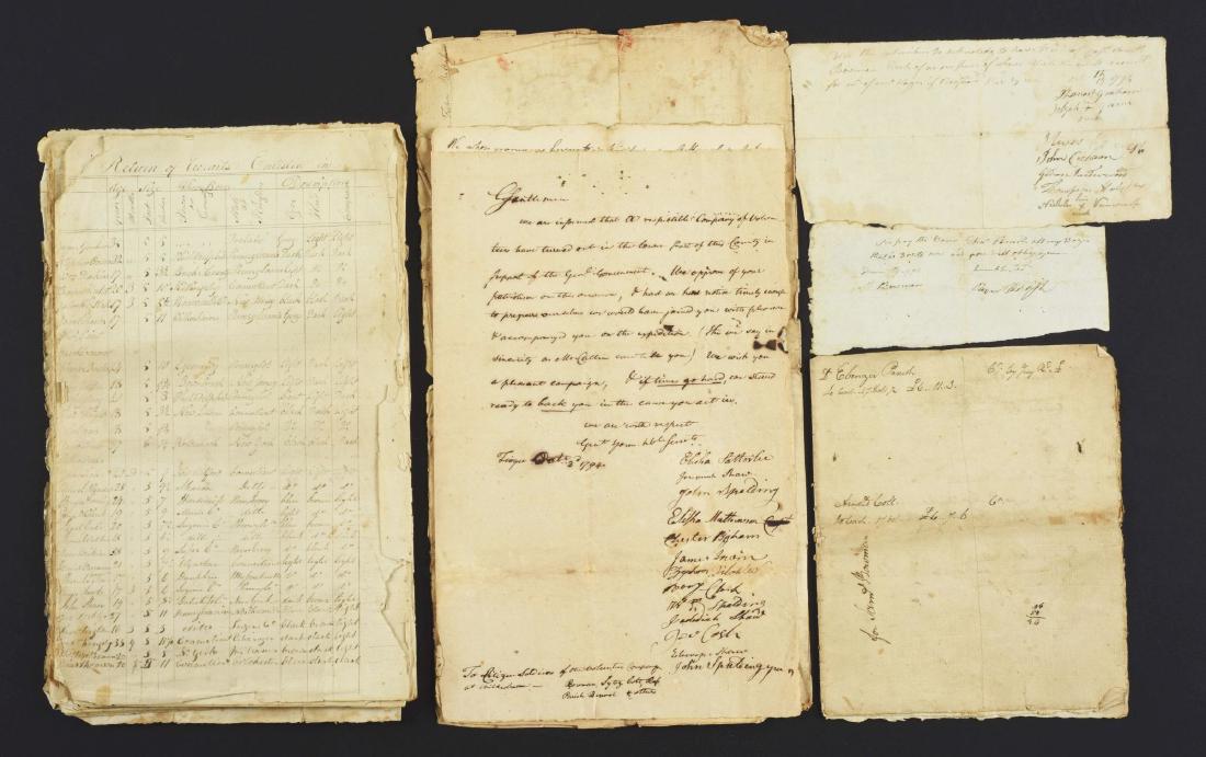 MILITARY PAPERS OF SAMUEL BOWMAN DURING THE WHISKEY: Samuel Bowman (1754-1818) was born in Lexington, Massachusetts, and was one of the minute-men on Lexington Common on April 19, 1775. He served in a regiment in the Massachusetts Line and gained promot