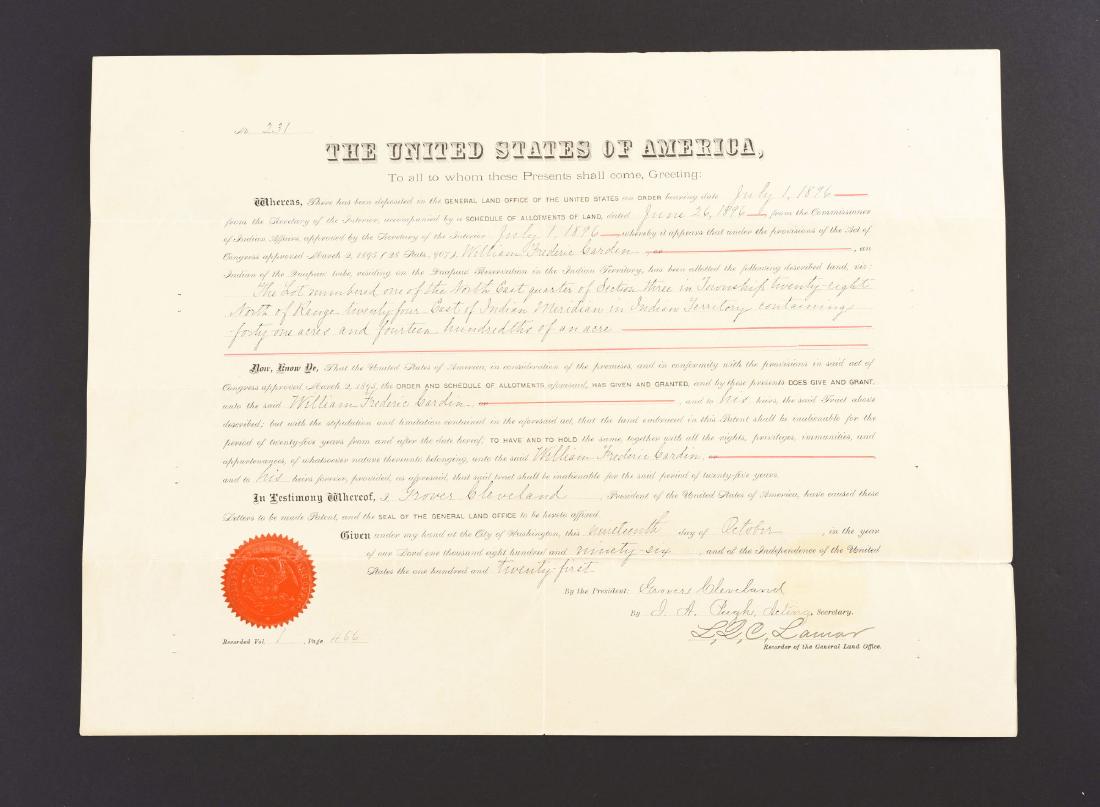INDIAN TERRITORY LAND GRANT SIGNED BY PRESIDENT GROVER: CLEVELAND, Grover (1837-1908) as 24th President of the United States, Partially-printed, document signed, dated Washington, DC, 19 October 1896. Countersigned by L.Q.C. Lamar II as Secretary of the In