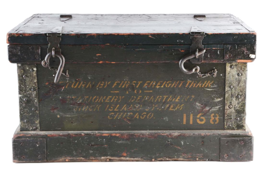 Freight Wooden Trunk with Original Hardware.: The face of this trunk is stenciled in yellow "RETURN BY FIRST FREIGHT TRAINS STATIONERY DEPARTMENT ROCK ISLAND SYSTEM CHICAGO 1168". Retains all steel hardware including side handles and corners. Gen