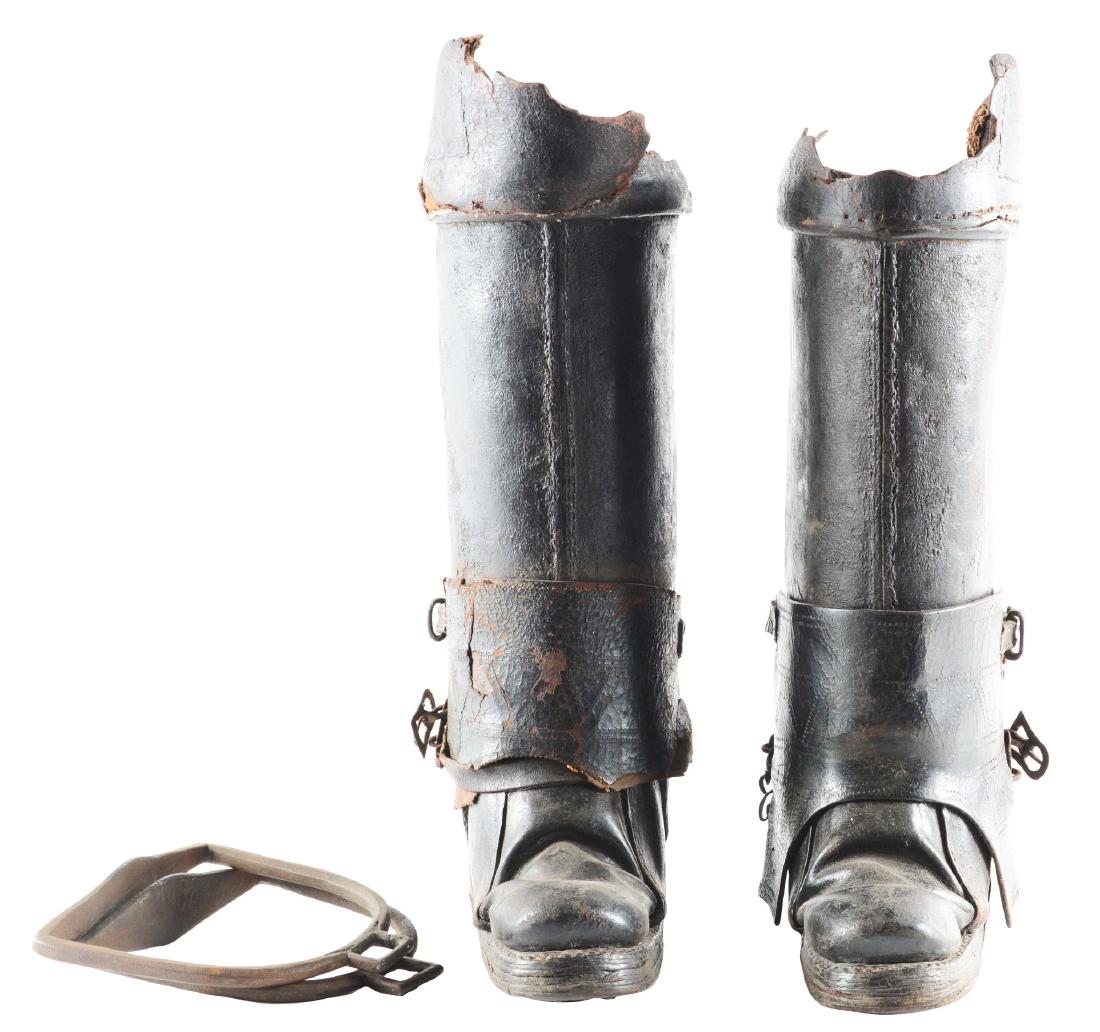 Very Rare Pair of Cuirassier Boots from the Second Half: The heavy boots of thick leather are complete with their heavy 17th century rowel spurs and fitments. The soles of very heavy leather appear to be original to boots. The boots are 22-1/2" high. Latera