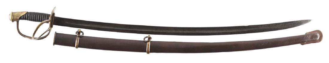 Confederate Calvary Saber by Memphis Novelty Works: This well-made Confederate Cavalry saber features a curved steel blade, unmarked and with long shallow partial fuller on each side. The cast brass hilt features two branches and is very similar in sty