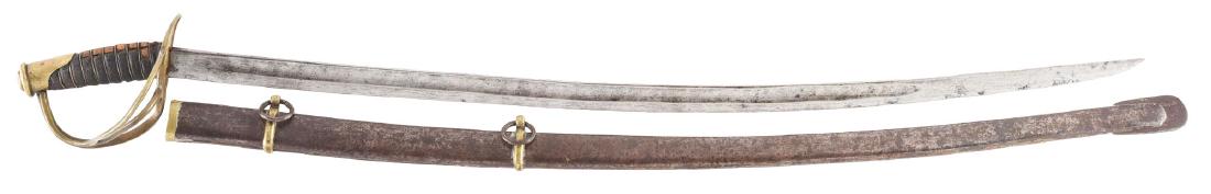 Unmarked Confederate Cavalry Saber.: This sword is in the general style of an 1860 Ames Cavalry saber and is similar to those made by Griswold or Haiman & Bros. It features a curved steel blade with partial shallow fullers on both sides