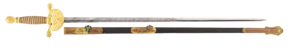 United States Revenue Marines Officer's Sword.: This dates circa 1870 and was replaced before 1895 by the standard Naval officer's sword of the period. Sword features a tapered double edge diamond section steel blade with long panels of etched deco