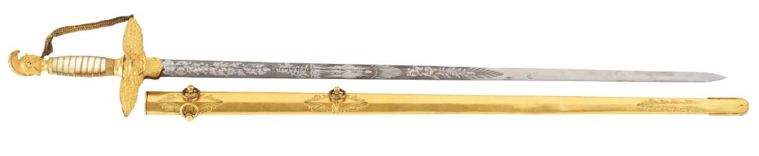 Presentation Grade Civil War Militia Officer's Sword by: Straight double edged steel blade with long etched panels and partial fullers on both sides. The right side is decorated with oak leaves, scrolls and an American eagle under and "E PLURIBUS UNUM" bann
