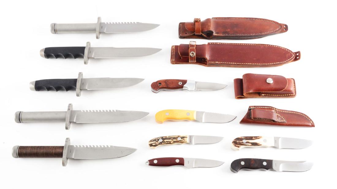 Lot of 11: Assorted Knives-Timberline Fighters,: Lot contains: Collection of 11 outstanding Timberline knives from San Juan Mountains, Colorado. (A) Boot knife, 7" overall with 3-1/2" blade and two piece red Micarta handles, no sheath. CONDITION: Fi