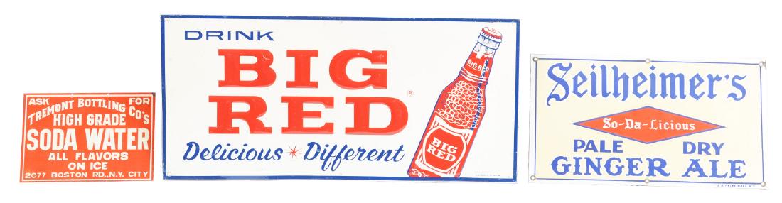 Lot Of 5: Soda Advertising Signs.: Lot consists of: signs from Tremont Soda Water, Crystal Beverage, Seilheimer's Ginger Ale, Big Red and Howel's Root Beer. The Seilheimer's Ginger Ale sign is porcelain and in excellent condition with