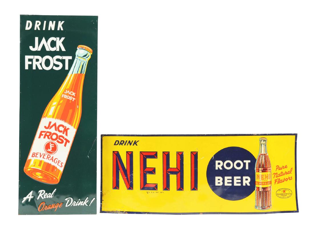Lot Of 3: Embossed Tin Soda Advertising Signs.: Lot consists of: signs from Upper 10 Soda, Nehi Root Beer and Jack Frost. The Nehi Sign has some moderate bends, a punched hole and some rubs. The other two signs have some light wear with a few scrap