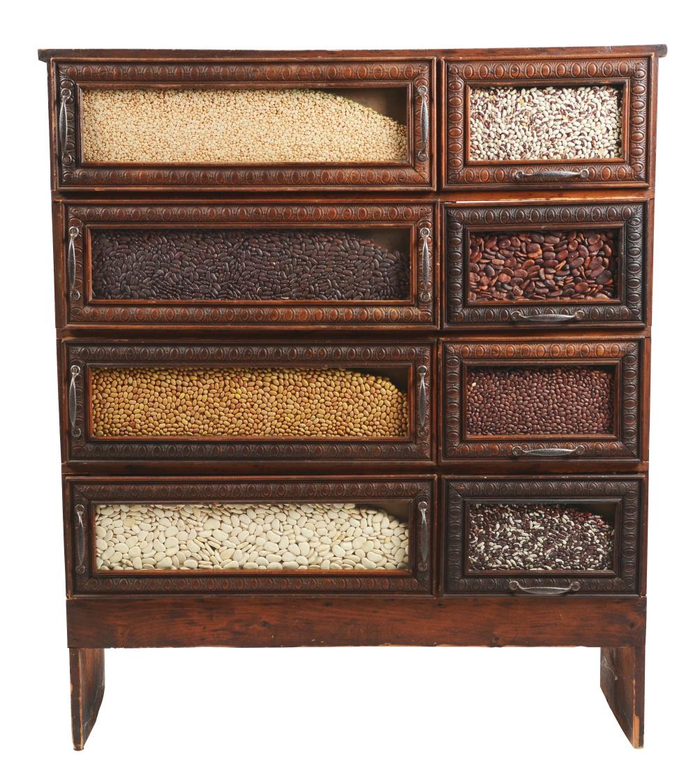 Oak Bean Counter with Eight Drawers.