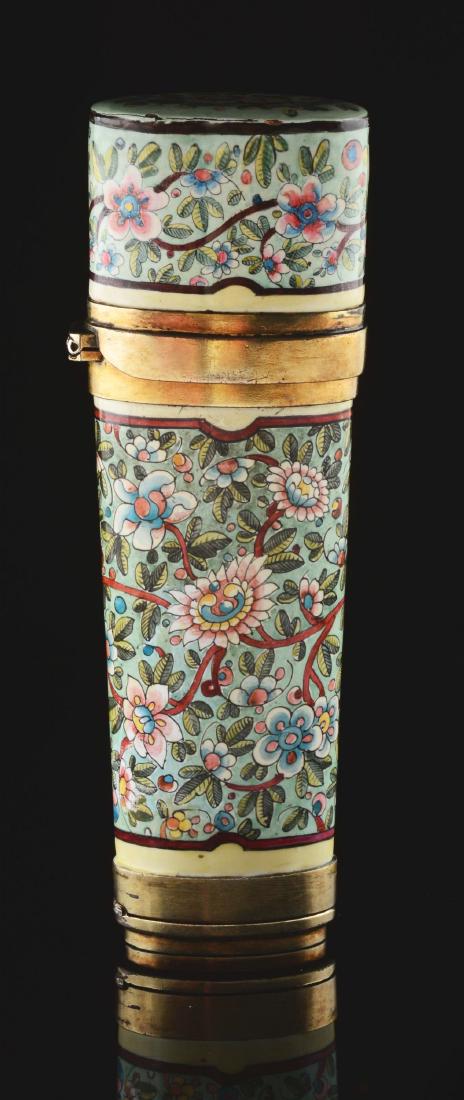 Rare S. Mordan Enameled Perfume Bottle & Vinaigrette.: Bottle has an enameled body and lid. Includes the perfume stopper. Inside lid is marked "S. Mordan & Co. London". No losses to the enamel. Condition: (Excellent). Item Dimensions: 4" x 1 -1/4".