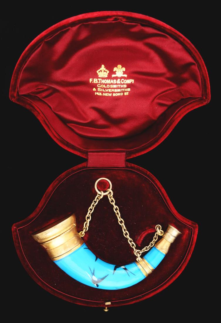 Rare Porcelain Horn Shaped Vinaigrette By S. Mordan In: Porcelain body with magpies against a sky blue background. Hallmarked. 4-1/2" long with hallmarks. Circa 1870-1871. In original fitted case from F.B. Thomas & Co. England. No damage or repairs. Condit