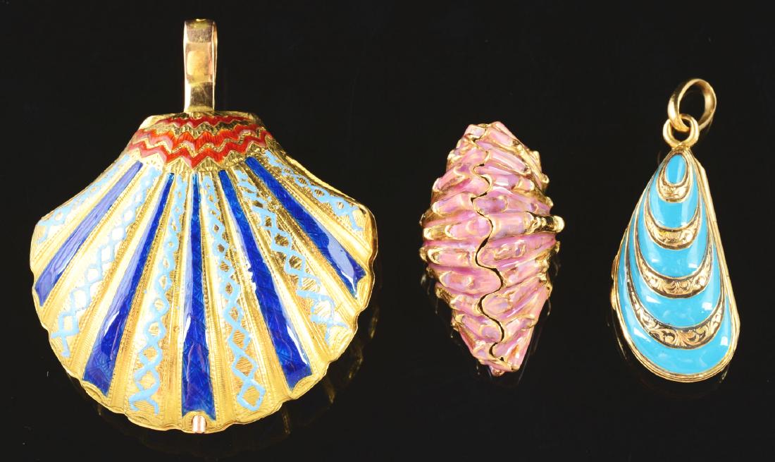 Lot Of 3: Enamel & 14K Yellow Gold Vinaigrette: The first pendent is a shell with dark and light blue enamel work, Circa 1860, Swiss made, 1-1/2" wide. The second is a shell with pink enamel work, 1" wide, circa 1860. Third is an 18K yellow gold oy
