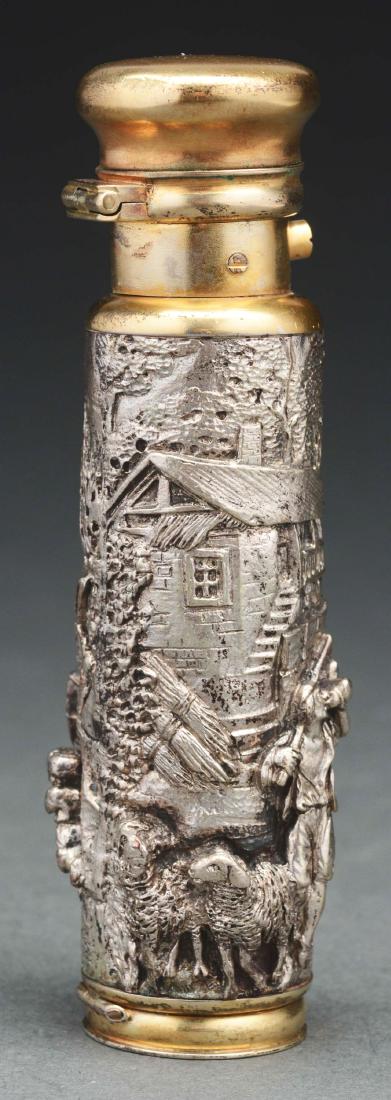 Rare Silver Plate Perfume & Vinaigrette Bottle.: Bottle has heavily embossed people dancing and other village scenes. Bottom opens to reveal vinaigrette and hinged top reveals perfume. Not signed, nor hallmarked. Circa 1880. Condition: Item Dimensio