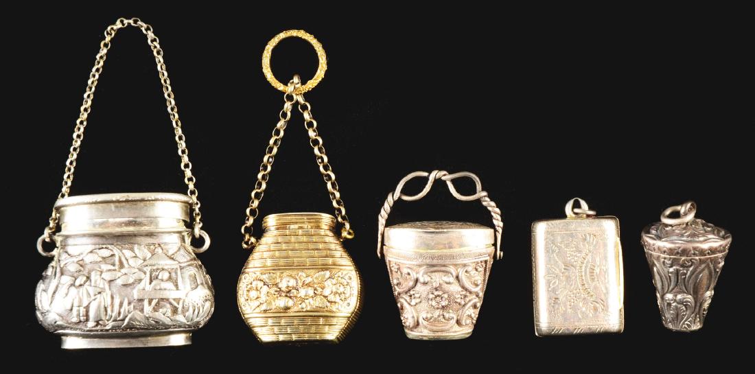 Lot Of 5: Vinaigrettes.: Lot includes: a purse vinaigrette with etching circa 1833; a Chinese export silver circa 1860 embossed with a Chinese scene; a sterling silver dutch basket embossed; a rare silver gilt basket with flo